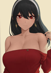 Rule 34 | 1girl, absurdres, bare shoulders, black hair, breasts, cleavage, collarbone, earrings, hairband, highres, jewelry, large breasts, long hair, long sleeves, looking at viewer, off-shoulder sweater, off shoulder, red eyes, red sweater, sidelocks, solo, spy x family, sweater, yor briar, zaphn