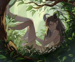Rule 34 | 1boy, androgynous, barefoot, dark skin, feet, horns, long hair, lying, male focus, nature, on back, original, outdoors, pointy ears, shorts, sleeveless, solo, tensen (dotted line), yellow eyes