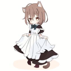 Rule 34 | 1girl, ahoge, alternate costume, animal ears, apron, braid, braided bangs, brown eyes, brown hair, cat ears, cat girl, cat tail, crossed bangs, hololive, hololive english, maid, maid apron, multicolored hair, nanashi mumei, official alternate hairstyle, potato7192, ribbon, short hair, skirt hold, streaked hair, tail, virtual youtuber