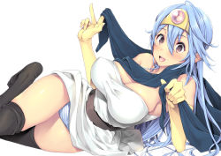 Rule 34 | 1girl, bare shoulders, belt, blue hair, blush, breasts, cape, chunsoft, circlet, cleavage, covered erect nipples, dragon quest, dragon quest iii, dress, elbow gloves, enix, gloves, huge breasts, large breasts, long hair, lying, ookami ryousuke, panties, purple eyes, sage (dq3), solo, striped clothes, striped panties, thighhighs, underwear, white background