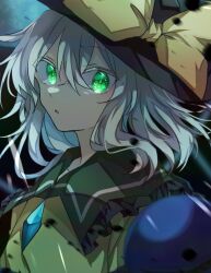 Rule 34 | 1girl, black hat, bow, commentary, green eyes, grey hair, hat, hat bow, koishi day, komeiji koishi, looking at viewer, open mouth, short hair, solo, souko illust, third eye, touhou, upper body, yellow bow