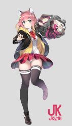 Rule 34 | 1girl, absurdres, animal ear fluff, animal ears, black footwear, black thighhighs, blonde hair, blush, commentary request, full body, gradient hair, grey background, highres, hood, hooded jacket, jacket, looking at viewer, mechanical arms, multicolored hair, neckerchief, nishii (damnedrive), open clothes, open jacket, original, panties, pantyshot, pink hair, plaid, plaid skirt, pleated skirt, red neckerchief, red skirt, shirt, simple background, single mechanical arm, skirt, smile, solo, thigh gap, thighhighs, two-tone hair, underwear, white panties, white shirt