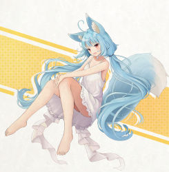 Rule 34 | absurdres, ahoge, animal ear fluff, animal ears, barefoot, blue hair, blush, cumianjun, dress, fang, feet, fox ears, fox girl, fox tail, frilled dress, frills, full body, hands on own knee, highres, knees together feet apart, legs, long hair, looking at viewer, open mouth, original, red eyes, short dress, sitting, skin fang, sleevless, solo, spaghetti strap, sundress, tail, tail raised, toes, twintails, very long hair, white dress