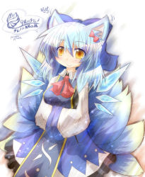 Rule 34 | 1girl, alternate breast size, alternate eye color, alternate hair length, alternate hairstyle, animal ears, blue hair, blush, bow, breasts, cirno, cosplay, fox ears, fox tail, fusion, hair bow, hands in opposite sleeves, ice, ice wings, if they mated, kitsune, kyuubi, large breasts, long skirt, long sleeves, multiple tails, signature, skirt, smile, solo, tabard, tail, touhou, wide sleeves, wings, yakumo ran, yakumo ran (cosplay), yellow eyes, yurume atsushi