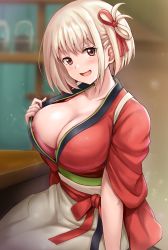 Rule 34 | 1girl, bar (place), breasts, cleavage, collarbone, hair ribbon, highres, indoors, large breasts, light blush, looking at viewer, lycoris recoil, nishikigi chisato, open mouth, r-binon, red eyes, ribbon, short hair, smile, solo, white hair