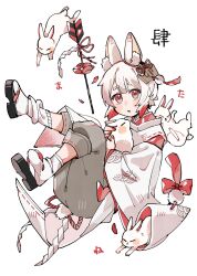 Rule 34 | 1boy, animal, animal ear fluff, animal ears, arrow (projectile), chinese zodiac, clothing cutout, commentary request, dot nose, ema, falling petals, flower, full body, grey shorts, hamaya, highres, holding, holding animal, japanese clothes, knees up, loose socks, male focus, nanataroo 7, okobo, original, parted lips, petals, pom pom (clothes), rabbit, rabbit boy, rabbit ears, rabbit tail, red eyes, red flower, red hair, red nails, ribbon-trimmed shorts, ribbon trim, sandals, seigaiha, shide, short eyebrows, short hair, shorts, simple background, socks, solo, tail, tail through clothes, translation request, white background, white hair, white rabbit (animal), white socks, wide sleeves, year of the rabbit