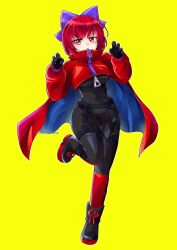 Rule 34 | 1girl, adapted costume, akatsuki records, artist name, belt, black belt, black bodysuit, black footwear, black gloves, blue cape, blush, bodysuit, boots, bow, breasts, cape, dress, footwear bow, full body, gloves, hair between eyes, hair bow, hajimakura, hands up, highres, large breasts, latex, latex bodysuit, latex dress, latex gloves, latex legwear, latex suit, leg up, long sleeves, looking at viewer, open mouth, puffy long sleeves, puffy sleeves, purple bow, red bow, red cape, red eyes, red hair, rock &#039;n&#039; rock &#039;n&#039; beat, sekibanki, short hair, simple background, skin tight, skin tight suit, solo, standing, standing on one leg, tongue, touhou, triangle, two-tone cape, v-shaped eyebrows, watermark, yellow background, zipper