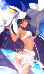 Rule 34 | 1girl, absurdres, ass, bikini, blue sky, breasts, cloud, commentary request, dark-skinned female, dark skin, day, earrings, fate/grand order, fate (series), highres, hoop earrings, jewelry, long hair, looking at viewer, medium breasts, nitocris (fate), nitocris (swimsuit assassin) (third ascension) (fate), purple eyes, purple hair, sky, solo, swimsuit, tia (cocorosso), white bikini