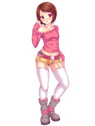 Rule 34 | 1girl, belt, breasts, brown eyes, brown hair, collarbone, commission, digimon, digimon adventure 02, digivice, full body, garter straps, groin, hand on own hip, highres, midriff, navel, nottytiffy, off shoulder, short hair, short shorts, shorts, sleeves past wrists, small breasts, solo, thighhighs, white background, white thighhighs, yagami hikari