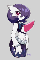 Rule 34 | 1boy, alternate color, alternate shiny pokemon, areola slip, arms at sides, artist name, bare shoulders, blue shirt, blush, blush stickers, bob cut, bracelet, bulge, clothing cutout, colored skin, cowboy shot, creatures (company), crop top, cropped legs, earrings, game freak, gardevoir, gen 3 pokemon, grey background, hair over one eye, happy, highres, hoshi (nedoiko), jewelry, leggings, looking at viewer, male focus, midriff, navel, nintendo, one eye covered, pink eyes, pokemon, pokemon (creature), purple hair, purple leggings, shirt, short hair, signature, simple background, skin tight, sleeveless, sleeveless shirt, smile, solo, standing, star (symbol), star earrings, stomach, teeth, trap, white skin