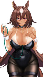 Rule 34 | 1girl, absurdres, animal ears, bare shoulders, black leotard, black pantyhose, breasts, brown hair, cleavage, collar, commentary request, ear ornament, hair between eyes, hand on own chest, highres, holding, holding collar, holding own leash, horse ears, horse girl, horse tail, large breasts, leotard, long hair, multicolored hair, nontraditional playboy bunny, pantyhose, red eyes, simple background, sirius symboli (umamusume), solo, strapless, strapless leotard, streaked hair, tail, tessa (uma orfevre), umamusume, very long hair, white background, white hair, wrist cuffs