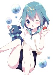 Rule 34 | 1girl, absurdres, bare arms, bare legs, bare shoulders, black one-piece swimsuit, blue eyes, blue hair, blush, bubble, chestnut mouth, commentary request, creatures (company), feet out of frame, game freak, gen 7 pokemon, hair between eyes, hamada pengin, highres, holding, holding poke ball, lana (pokemon), nintendo, one-piece swimsuit, one eye closed, open mouth, poke ball, poke ball (basic), pokemon, pokemon (creature), pokemon sm, popplio, school swimsuit, shirt, simple background, sleeveless, sleeveless shirt, swimsuit, swimsuit under clothes, white background, white shirt