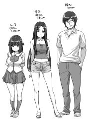 Rule 34 | 1boy, 2girls, arms behind back, breasts, closed mouth, cuffed, glasses, greyscale, hair between eyes, hands in pockets, height, large breasts, loafers, long hair, looking at viewer, medium breasts, monochrome, multiple girls, naruko hanaharu, navel, original, pleated, pleated skirt, sandals, shirt, shoes, short hair, short sleeves, shorts, skirt, sleeve cuffs, standing, white background
