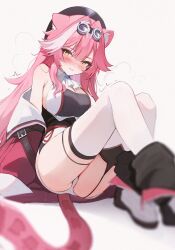 Rule 34 | animal ear fluff, animal ears, blush, breasts, cleavage, highres, hololive, hololive english, koahri, long hair, looking at viewer, multicolored hair, panther ears, panther girl, pink hair, raora panthera, short shorts, shorts, smile, thighhighs, virtual youtuber, white shorts, white thighhighs