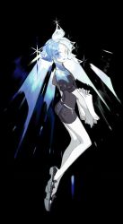 Rule 34 | 1other, androgynous, belt, black background, black footwear, black shorts, blue hair, collar, colored skin, crystal hair, euclase (houseki no kuni), eyes visible through hair, from side, full body, gem uniform (houseki no kuni), holding, holding paper, houseki no kuni, looking at viewer, open mouth, other focus, pale skin, paper, puffy short sleeves, puffy sleeves, shoes, short hair, short sleeves, shorts, simple background, smile, sparkle, starshadowmagician, uniform, white belt, white skin