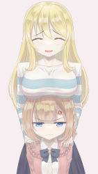 Rule 34 | 2girls, anger vein, angry, blonde hair, blue eyes, blush, bow, braid, breast envy, breast rest, breasts, breasts on head, brown hair, cleavage, closed eyes, closed mouth, extreme hearts, frown, height difference, highres, large breasts, long hair, multiple girls, open mouth, shnia v, short hair, simple background, small breasts, smile, suemune yuriko, tall female, teena merkies