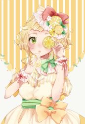 Rule 34 | 1girl, :o, blonde hair, blush, bow, commentary request, covering one eye, cup, detached sleeves, dress, flower, food, food-themed hair ornament, fruit, green bow, green eyes, hair bow, hair ornament, highres, holding, holding cup, lemon, lemon hair ornament, lemon slice, lemonade, looking at viewer, mizuki cream, original, personification, pink ribbon, red bow, ribbon, sash, short hair, short sleeves, solo, striped, striped background, striped bow, vertical stripes, wrist cuffs, yellow bow, yellow dress