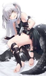 Rule 34 | 1girl, absurdres, arknights, barefoot, blush, brown eyes, feet, gloves, grey hair, highres, long hair, looking at viewer, open mouth, partially fingerless gloves, pointy ears, soles, stirrup legwear, tail, toeless legwear, toes, tomimi (arknights), twintails
