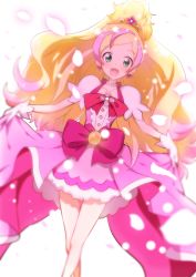 Rule 34 | blonde hair, blue eyes, blush, bow, cure flora, dress, gloves, happy, long hair, magical girl, ribbon, solo, standing, waist bow, white background