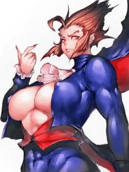 Rule 34 | 1girl, abs, breasts, brown hair, capcom, covered erect nipples, demitri maximoff, fang, fang out, female focus, fingernails, fumio (rsqkr), genderswap, genderswap (mtf), large breasts, long fingernails, long hair, looking at viewer, muscular, muscular female, red eyes, sharp fingernails, simple background, solo, vampire, vampire (game), white background