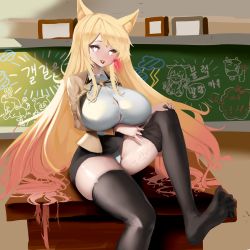 Rule 34 | 1girl, absurdres, animal ear fluff, animal ears, ass, bbolalus, blonde hair, breasts, character request, elsword, fox ears, heart, heart-shaped pupils, highres, huge ass, huge breasts, long hair, looking at viewer, panties, sitting, skirt, solo, symbol-shaped pupils, tagme, tongue, tongue out, underwear