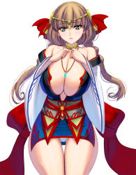 Rule 34 | 1girl, bare shoulders, breasts, brown hair, cleavage, collarbone, cowboy shot, eyebrows, green eyes, hands on own chest, highres, japanese clothes, jewelry, kimono, kouno (masao), large breasts, long hair, looking at viewer, necklace, obi, original, panties, panty peek, pantyshot, parted lips, sash, short kimono, simple background, solo, thigh gap, thighs, tiara, twintails, underwear, white background, white panties