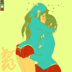 Rule 34 | 1futa, 1girl, ass grab, blue shirt, blush, breasts, bulge, closed eyes, color guide, erection, erection under clothes, futa with female, futanari, hand under clothes, hand under skirt, head hug, heart, hug, kiss, large breasts, limited palette, long hair, long sleeves, low twintails, makoto (neone), medium breasts, miniskirt, neone, original, pleated skirt, red skirt, shirt, simple background, skirt, tsugumi (neone), twintails, yellow background, yuri