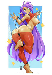 Rule 34 | 1girl, ass, bayeuxman, blue eyes, breasts, breasts out, curvy, dark-skinned female, dark skin, earrings, hair down, highres, jewelry, large breasts, long hair, looking at viewer, nipples, puffy nipples, purple hair, pussy juice, shantae, shantae (series), solo, thick thighs, thighs