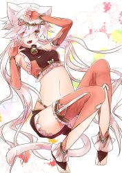 Rule 34 | 1girl, animal ears, bad id, bad pixiv id, barefoot, bell, blush, bridal gauntlets, cat ears, cat tail, detached sleeves, fang, hair ornament, halterneck, highres, long hair, low twintails, midriff, navel, one eye closed, original, sakuragi ren, solo, tail, thighhighs, toeless legwear, toes, twintails, white hair, wink, yellow eyes