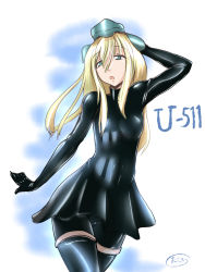 Rule 34 | 10s, 1girl, adapted costume, akunohana, arm up, blonde hair, character name, cowboy shot, dress, garrison cap, green eyes, hat, kantai collection, latex, latex dress, latex suit, shiny clothes, shorts, simple background, skin tight, skirt, solo, thighhighs, u-511 (kancolle), white background, zettai ryouiki