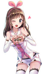 Rule 34 | 1girl, ;o, absurdres, bare shoulders, blue eyes, blush, boots, brown hair, cowboy shot, detached sleeves, hairband, heart, heart hands, highres, kizuna ai, kizuna ai inc., lace, lace-trimmed legwear, lace-trimmed sleeves, lace trim, leaning forward, long hair, looking at viewer, mr.lime, multicolored hair, one eye closed, pink hair, pink hairband, shirt, simple background, sleeveless, sleeveless shirt, solo, streaked hair, teeth, thigh boots, thighhighs, two-tone hair, upper teeth only, virtual youtuber, white background, white thighhighs