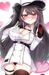 Rule 34 | 1girl, :q, azur lane, black gloves, black hair, black panties, black ribbon, black thighhighs, blush, box, breasts, cleavage, closed mouth, coat dress, collarbone, commentary request, cowboy shot, detached collar, dress, food, food between breasts, gift, gift box, gloves, hair between eyes, hair ribbon, hand on own chest, hat, heart, heart background, highres, holding, holding gift, large breasts, long hair, long sleeves, looking at viewer, mikage (shibi), nose blush, one side up, pamiat merkuria (azur lane), panties, pantyshot, pocky, purple eyes, ribbon, sidelocks, skindentation, smile, solo, standing, swept bangs, thigh strap, thighhighs, tongue, tongue out, underbust, underwear, valentine, white background, white dress, white hat, zettai ryouiki
