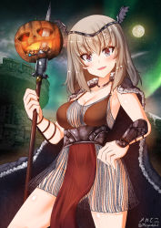 Rule 34 | 1girl, armor, bikini armor, blonde hair, blue eyes, blush, breasts, candy, castle, cleavage, collarbone, covered navel, food, full moon, girls und panzer, halloween, halloween costume, highres, itsumi erika, jack-o&#039;-lantern, large breasts, loincloth, looking at viewer, megadeko, moon, night, night sky, no panties, open mouth, polearm, pumpkin, sky, smile, solo, spear, star (sky), starry sky, weapon