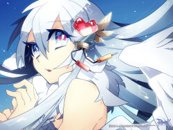 1girl blue_background blue_eyes copyright_notice expressionless feathered_wings grey_hair guest_art hair_between_eyes hair_ornament headset heart heart_hair_ornament highres kinoko_(kinoko_v) logo long_bangs long_hair looking_at_viewer official_art official_wallpaper open_mouth ragnarok_online solo upper_body wanderer_(ragnarok_online) white_wings wings