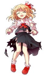 Rule 34 | :d, ^ ^, alphes (style), bare legs, beaten, blonde hair, blouse, closed eyes, dairi, closed eyes, fang, frilled sleeves, frills, full body, hair ribbon, long sleeves, open mouth, parody, red footwear, ribbon, rumia, shirt, shoes, short hair, skirt, smile, solo, style parody, sweat, torn clothes, touhou, transparent background, vest