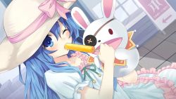 Rule 34 | 10s, 1girl, animal ears, blue eyes, blue hair, rabbit, rabbit ears, date a live, dress, eating, eyepatch, game cg, hand puppet, hat, hat ribbon, highres, long hair, matching hair/eyes, one eye closed, open mouth, popsicle, puppet, ribbon, solo, stuffed animal, stuffed rabbit, stuffed toy, sun hat, tsunako, yoshino (date a live), yoshinon