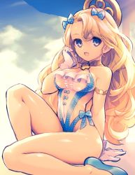 Rule 34 | 1girl, :d, arm support, azur lane, bare shoulders, blonde hair, blue bow, blue eyes, blue footwear, bow, breasts, chingisu, cleavage, covered navel, emile bertin (azur lane), emile bertin (cote d&#039;azur) (azur lane), gloves, hair bow, halterneck, hand up, long hair, looking at viewer, medium breasts, open mouth, polka dot, polka dot bow, shoes, sitting, smile, solo, thighs, very long hair, white gloves