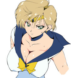 Rule 34 | 1girl, bishoujo senshi sailor moon, blonde hair, blush, breasts, cleavage, closed mouth, collarbone, covered erect nipples, earrings, female focus, green eyes, jewelry, large breasts, looking at viewer, looking up, magical girl, sailor uranus, sakura na omiki, short hair, simple background, solo, sweat, ten&#039;ou haruka, tiara, upper body, white background
