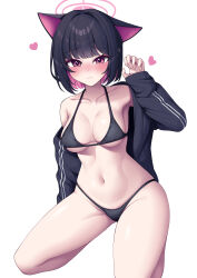 Rule 34 | 1girl, absurdres, animal ears, bikini, black bikini, black hair, black jacket, blue archive, blush, breasts, cat ears, cleavage, collarbone, colored inner hair, heart, highres, jacket, kazusa (blue archive), kneeling, looking at viewer, medium breasts, metaljelly, multicolored hair, navel, open clothes, open jacket, pink eyes, pink hair, simple background, solo, stomach, swimsuit, two-tone hair, white background