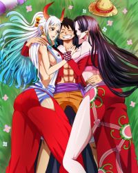 Rule 34 | 1boy, 2girls, abs, absurdres, bare shoulders, black hair, blue eyes, boa hancock, breasts, couple, curvy, closed eyes, grass, hat, highres, horns, hug, japanese clothes, kimono, large breasts, long hair, looking at another, lying, monkey d. luffy, multicolored hair, multiple girls, muscular, muscular male, one piece, smile, straw hat, yamato (one piece), yellow eyes