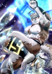 Rule 34 | 1boy, absurdres, ainu clothes, animal ears, bandaged foot, bandages, bara, chest hair, convenient leg, foot out of frame, furry, furry male, grey fur, grey hair, headband, highres, horkeu kamui, incoming attack, incoming kick, large pectorals, looking at viewer, male focus, multicolored hair, muscular, muscular male, natsuki atsushi (rabbitificate), nipples, pectorals, pelvic curtain, scar, scar on chest, short hair, solo, tail, thick thighs, thighs, tokyo houkago summoners, topless male, two-tone fur, two-tone hair, water, white fur, wolf boy, wolf ears, wolf tail, yellow eyes