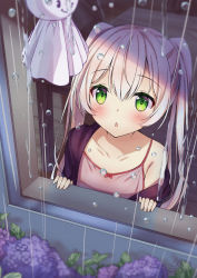 Rule 34 | 1girl, :o, bare shoulders, blush, camisole, clothing request, collarbone, commentary request, flower, green eyes, grey hair, highres, hydrangea, kugatsu tooka, long hair, looking up, original, parted lips, pink camisole, purple flower, rain, solo, spaghetti strap, teruterubouzu, twintails, upper body, water drop
