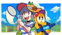 Rule 34 | 1boy, 1girl, alternate costume, animal ears, animal nose, baseball cap, black choker, blue eyes, blue shirt, blue sky, blunt bangs, blush stickers, border, breasts, bus stop, bus stop sign, butterfly net, choker, cloud, cloudy sky, colored skin, commentary request, fishnet top, fishnets, gashi-gashi, grey eyes, grey hair, hand net, hat, highres, holding, holding butterfly net, holding water gun, large breasts, layered shirt, leaf, leaf on head, mode aim, mountainous horizon, open mouth, outdoors, outside border, peanuts-kun, ponpoko (vtuber), power lines, raccoon ears, raccoon girl, shelter, shirt, short hair, short sleeves, shoulder strap, sky, smile, straw hat, striped clothes, striped shirt, summer, upper body, utility pole, v-shaped eyebrows, virtual youtuber, water gun, white border, white shirt, yellow skin