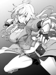 Rule 34 | &gt;:(, 1girl, belt, boots, breasts, buckle, cleavage, closed mouth, fingerless gloves, frown, gloves, greyscale, hiroya juuren, incoming attack, incoming punch, jacket, knee boots, large breasts, long hair, looking at viewer, monochrome, navel, puffy short sleeves, puffy sleeves, punching, rwby, short shorts, short sleeves, shorts, solo, strapless, tube top, v-shaped eyebrows, vambraces, waist cape, wavy hair, yang xiao long