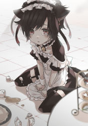 Rule 34 | 1boy, alternate costume, animal ears, apron, bell, brown eyes, brown hair, cat boy, cat ears, cat tail, crossdressing, crying, dress, enmaided, highres, looking at viewer, maid, maid apron, maid headdress, male focus, neck bell, original, pale skin, red eyes, sangonosyokudai, tail, tearing up, thighhighs, thighs, trap