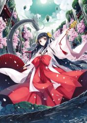 Rule 34 | 1girl, :o, absurdres, architecture, bell, black hair, bow, brown eyes, cherry blossoms, dragon, east asian architecture, eastern dragon, floating rock, hagure keg, hakama, hakama skirt, highres, japanese clothes, jingle bell, kagura suzu, keystone, long hair, miko, oil-paper umbrella, open mouth, original, outstretched arms, petals, scan, shide, skirt, solo, spread arms, sun, umbrella, very long hair, water, water drop, waterfall