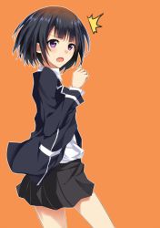 Rule 34 | 1girl, ^^^, black hair, black skirt, blazer, blush, collared shirt, cowboy shot, from side, hand up, jacket, long sleeves, looking at viewer, looking to the side, open mouth, orange background, original, outline, pleated skirt, purple eyes, school uniform, shirt, short hair, simple background, skirt, solo, tsuezu, white outline, white shirt