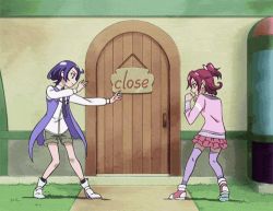 Rule 34 | 2girls, aida mana, animated, animated gif, battle, building, cape, capsule, dodging, dokidoki! precure, door, duel, fighting, fighting stance, flying kick, full body, grass, indoors, kenzaki makoto, kicking, layered skirt, long sleeves, lowres, miniskirt, motion lines, multiple girls, outdoors, precure, punching, red skirt, shorts, sign, skirt, standing, thighhighs