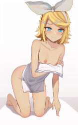 Rule 34 | aruman, barefoot, blonde hair, blue eyes, bow, breasts, collarbone, covering privates, full body, hair bow, hair ornament, hairband, hairclip, half-closed eyes, highres, holding own arm, kagamine rin, kneeling, looking at viewer, naked towel, nipples, nude cover, paid reward available, short hair, simple background, small breasts, smile, swept bangs, thighs, toes, towel, variant set, vocaloid, white background, white bow, white hairband, white towel