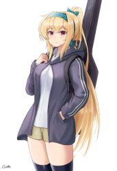 Rule 34 | 1girl, alternate costume, artist name, backpack, bag, black thighhighs, blonde hair, bow, breasts, brown shorts, closed mouth, commentary, english commentary, feet out of frame, gamryous, girls&#039; frontline, green bow, green hairband, grey hoodie, hair bow, hairband, hand in pocket, hand on own chest, highres, hood, hooded jacket, hoodie, jacket, long hair, looking at viewer, ponytail, red eyes, shirt, shorts, solo, standing, sv-98 (girls&#039; frontline), sv-98 (mod3) (girls&#039; frontline), thighhighs, weapon case, white background, white shirt